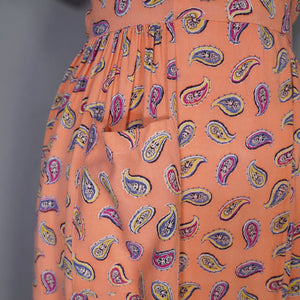 40s ORANGE PAISLEY PRINT SOFT RAYON ROBE / WRAP DRESS - S
