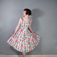 Load image into Gallery viewer, 50s PINK ROSE FLORAL PRINT FIT AND FLARE RAYON DRESS - L