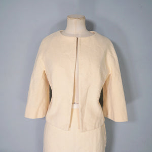 60s CREAM LILLI ANN THICK WOVEN WOOL SUIT WITH PENCIL SKIRT AND OPEN JACKET - XS-S