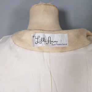 60s CREAM LILLI ANN THICK WOVEN WOOL SUIT WITH PENCIL SKIRT AND OPEN JACKET - XS-S