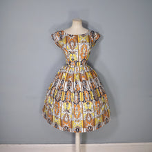 Load image into Gallery viewer, 50s CONTINENTALS DRESS WITH BAROQUE ORNATE PRINT WITH FAUNS AND HARPYS - S