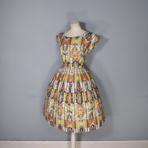 50s CONTINENTALS DRESS WITH BAROQUE ORNATE PRINT WITH FAUNS AND HARPYS - S