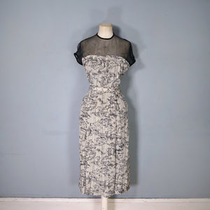 40s BEIGE AND BLACK NOVELTY MOUNTAIN VILLAGE DRESS WITH MESH NECK - S