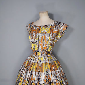 50s CONTINENTALS DRESS WITH BAROQUE ORNATE PRINT WITH FAUNS AND HARPYS - S