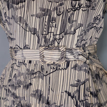 Load image into Gallery viewer, 40s BEIGE AND BLACK NOVELTY MOUNTAIN VILLAGE DRESS WITH MESH NECK - S