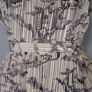 40s BEIGE AND BLACK NOVELTY MOUNTAIN VILLAGE DRESS WITH MESH NECK - S