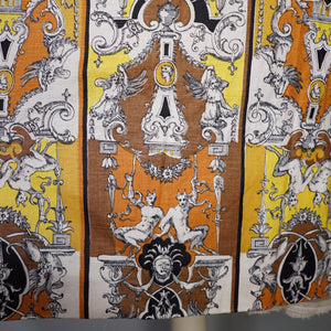 50s CONTINENTALS DRESS WITH BAROQUE ORNATE PRINT WITH FAUNS AND HARPYS - S