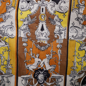 50s CONTINENTALS DRESS WITH BAROQUE ORNATE PRINT WITH FAUNS AND HARPYS - S