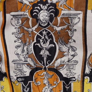 50s CONTINENTALS DRESS WITH BAROQUE ORNATE PRINT WITH FAUNS AND HARPYS - S