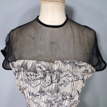 Load image into Gallery viewer, 40s BEIGE AND BLACK NOVELTY MOUNTAIN VILLAGE DRESS WITH MESH NECK - S