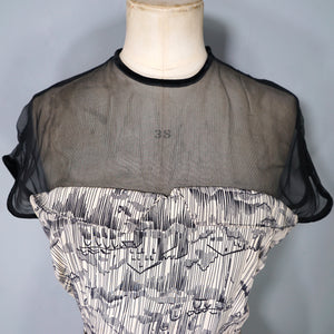 40s BEIGE AND BLACK NOVELTY MOUNTAIN VILLAGE DRESS WITH MESH NECK - S
