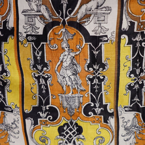 50s CONTINENTALS DRESS WITH BAROQUE ORNATE PRINT WITH FAUNS AND HARPYS - S