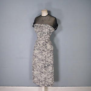 40s BEIGE AND BLACK NOVELTY MOUNTAIN VILLAGE DRESS WITH MESH NECK - S
