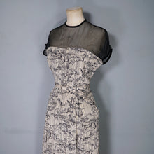Load image into Gallery viewer, 40s BEIGE AND BLACK NOVELTY MOUNTAIN VILLAGE DRESS WITH MESH NECK - S