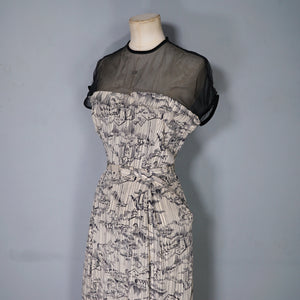 40s BEIGE AND BLACK NOVELTY MOUNTAIN VILLAGE DRESS WITH MESH NECK - S