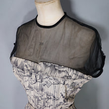 Load image into Gallery viewer, 40s BEIGE AND BLACK NOVELTY MOUNTAIN VILLAGE DRESS WITH MESH NECK - S