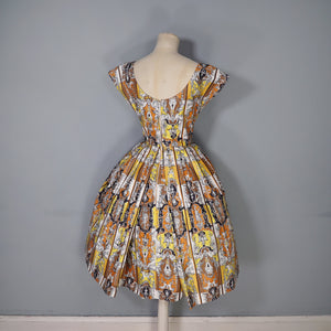 50s CONTINENTALS DRESS WITH BAROQUE ORNATE PRINT WITH FAUNS AND HARPYS - S