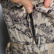 Load image into Gallery viewer, 40s BEIGE AND BLACK NOVELTY MOUNTAIN VILLAGE DRESS WITH MESH NECK - S