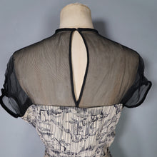 Load image into Gallery viewer, 40s BEIGE AND BLACK NOVELTY MOUNTAIN VILLAGE DRESS WITH MESH NECK - S