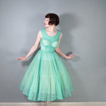 Load image into Gallery viewer, 50s SHEER FAIRY GREEN NYLON FULL CIRCLE SKIRT RUCHED DRESS - S