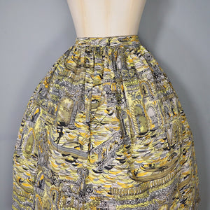 HANDMADE 50s YELLOW VENETIAN / VENICE GONDOLIER PRINT FULL SKIRT - 30"