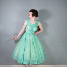 Load image into Gallery viewer, 50s SHEER FAIRY GREEN NYLON FULL CIRCLE SKIRT RUCHED DRESS - S