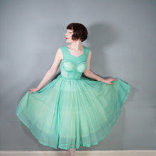 Load image into Gallery viewer, 50s SHEER FAIRY GREEN NYLON FULL CIRCLE SKIRT RUCHED DRESS - S
