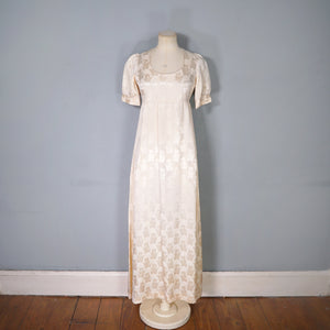 60s / 70s VIVIEN SMITH LADY FACE DAMASK FABRIC EMPIRE MAXI DRESS - XS