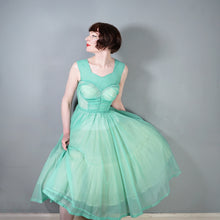Load image into Gallery viewer, 50s SHEER FAIRY GREEN NYLON FULL CIRCLE SKIRT RUCHED DRESS - S