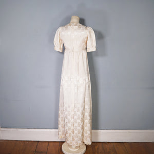 60s / 70s VIVIEN SMITH LADY FACE DAMASK FABRIC EMPIRE MAXI DRESS - XS