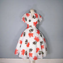 Load image into Gallery viewer, 50s SILKY NYLON WHITE AND RED ROSE FLORAL PRINT SALLY SLADE PARTY DRESS - M