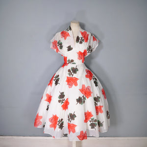 50s SILKY NYLON WHITE AND RED ROSE FLORAL PRINT SALLY SLADE PARTY DRESS - M