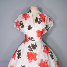 Load image into Gallery viewer, 50s SILKY NYLON WHITE AND RED ROSE FLORAL PRINT SALLY SLADE PARTY DRESS - M