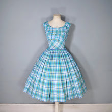 Load image into Gallery viewer, 50s BLUE GREEN CHECK DRESS WITH FULL SKIRT AND GATHERED BUST - M