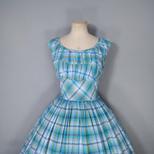 Load image into Gallery viewer, 50s BLUE GREEN CHECK DRESS WITH FULL SKIRT AND GATHERED BUST - M