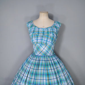 50s BLUE GREEN CHECK DRESS WITH FULL SKIRT AND GATHERED BUST - M
