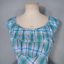 Load image into Gallery viewer, 50s BLUE GREEN CHECK DRESS WITH FULL SKIRT AND GATHERED BUST - M