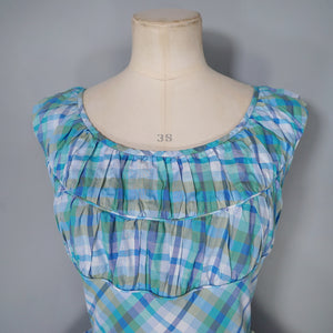 50s BLUE GREEN CHECK DRESS WITH FULL SKIRT AND GATHERED BUST - M