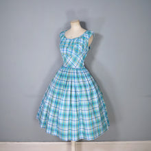 Load image into Gallery viewer, 50s BLUE GREEN CHECK DRESS WITH FULL SKIRT AND GATHERED BUST - M