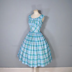 50s BLUE GREEN CHECK DRESS WITH FULL SKIRT AND GATHERED BUST - M