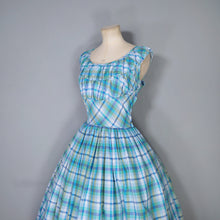 Load image into Gallery viewer, 50s BLUE GREEN CHECK DRESS WITH FULL SKIRT AND GATHERED BUST - M