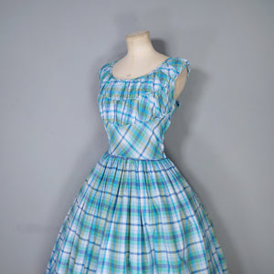 50s BLUE GREEN CHECK DRESS WITH FULL SKIRT AND GATHERED BUST - M