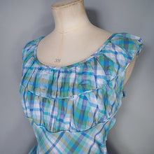 Load image into Gallery viewer, 50s BLUE GREEN CHECK DRESS WITH FULL SKIRT AND GATHERED BUST - M