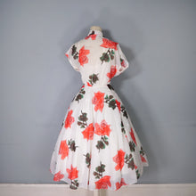 Load image into Gallery viewer, 50s SILKY NYLON WHITE AND RED ROSE FLORAL PRINT SALLY SLADE PARTY DRESS - M
