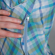 Load image into Gallery viewer, 50s BLUE GREEN CHECK DRESS WITH FULL SKIRT AND GATHERED BUST - M