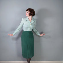 Load image into Gallery viewer, 70s does 40s FITTED PUFF SLEEVE SEA GREEN BLOUSE WITH HUGE COLLAR - XS-S