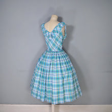 Load image into Gallery viewer, 50s BLUE GREEN CHECK DRESS WITH FULL SKIRT AND GATHERED BUST - M