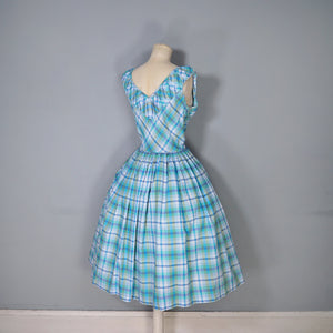 50s BLUE GREEN CHECK DRESS WITH FULL SKIRT AND GATHERED BUST - M