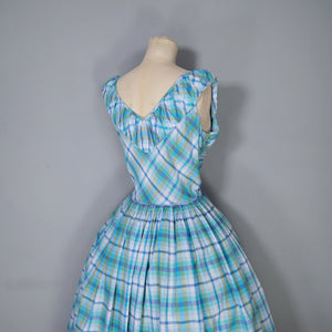50s BLUE GREEN CHECK DRESS WITH FULL SKIRT AND GATHERED BUST - M