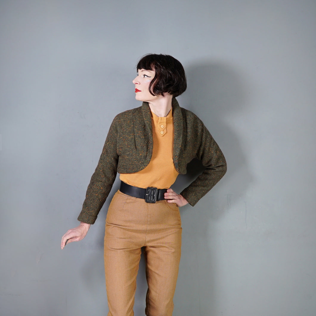 50s FLECKED BROWN ORANGE WOOL CROPPED BOLERO JACKET - XS-S